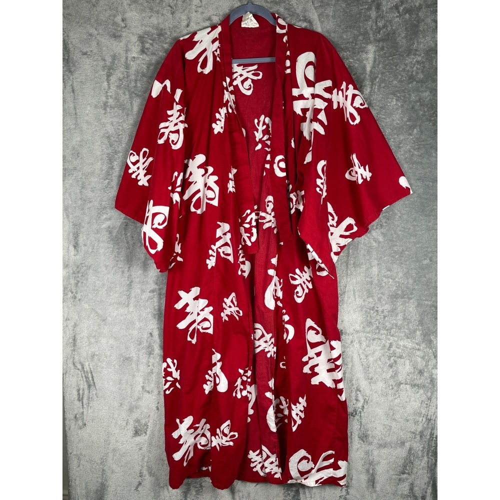 FP in Tokyo Kimono Yukata Robe Unisex 55 Red Cotton Kanji Calligraphy Japan Long